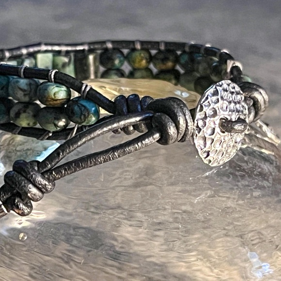 Natural Turquoise Leather Wrap Bracelet Sterling Tiny Heart Charm- Adjustable - Picture 6 of 8
